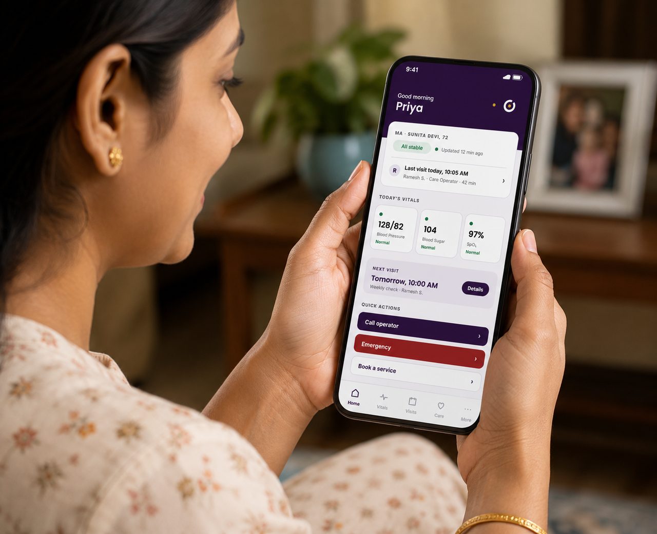 The Cent Care family app showing a visit log and health readings