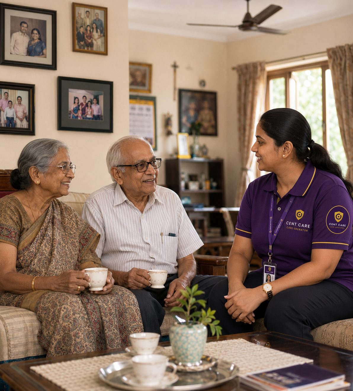 An elderly Indian couple at home with a Cent Care operator checking on them
